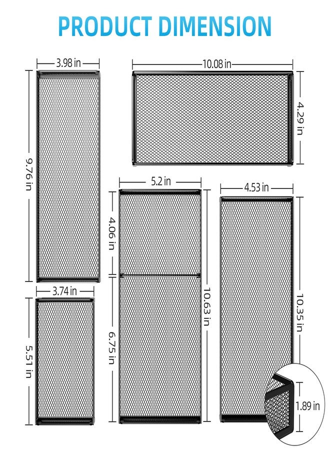 Marbrasse 5 Pack Desk Drawer Organizer Set, Mesh Drawer Storage Trays with 1 Adjustable Divider, Desk Organizers and Accessories, 5 PCS Drawer for Office Supplies, Makeup & Vanity (Black) - Image 2