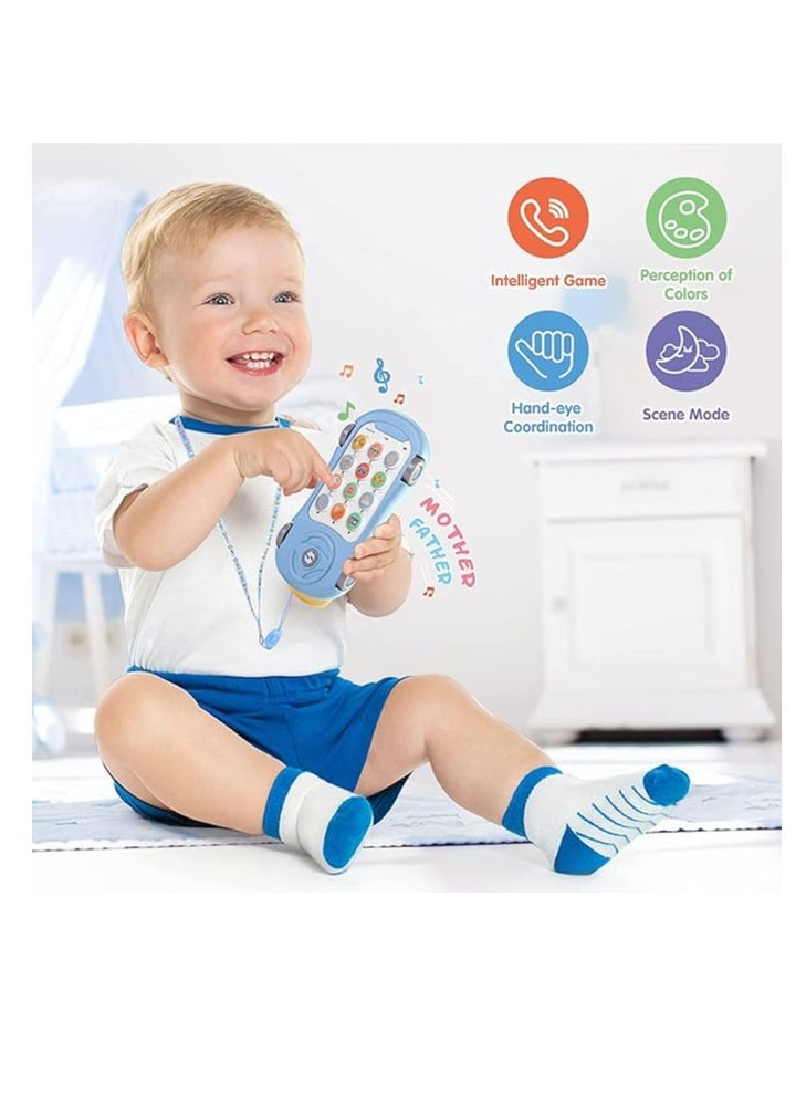 OUYoo - OUYoo Baby Phone Toy with Music Light Mini Projector, 4 Mode Learning Toddler Infant Soothing Car Toys - Number Counting Color Animal Sound Fun Smart Phones, Lullaby Fine Motor Hand Activity Playing(Blue) - Image 1