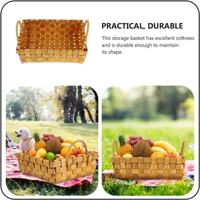 HANABASS Handmade Woven Rattan Storage Basket with Wood Chip Handle, Small Rectangular Laundry and Fruit Basket for Home Organization and Decorative Storage - Image 3