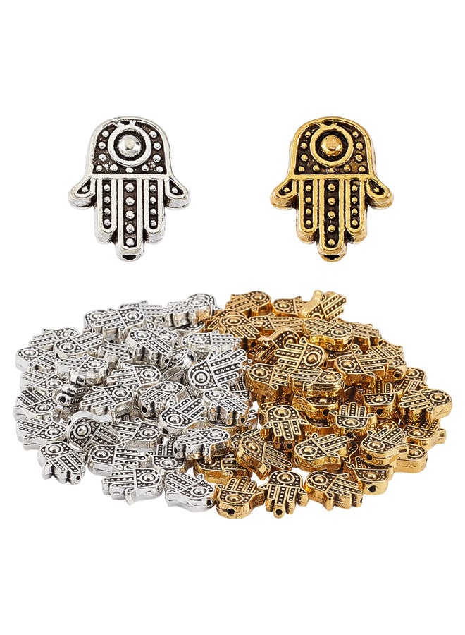 Chloe 1 Box of 100pcs Hamsa Hand Beads Two Color Alloy Fatima Maryam Hand Beads, Tibetan Chakra Style Loose Spacer Beads for Jewelry Making, Bracelets, Necklaces, Craft Supplies  - Image 1