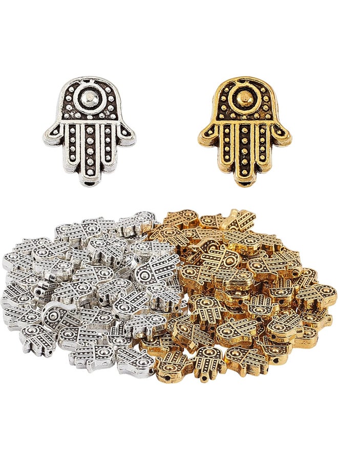 Chloe 1 Box of 100pcs Hamsa Hand Beads Two Color Alloy Fatima Maryam Hand Beads, Tibetan Chakra Style Loose Spacer Beads for Jewelry Making, Bracelets, Necklaces, Craft Supplies  - Image 2