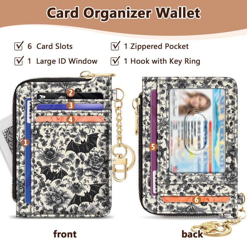 GIANCOMICS Slim Wallet Credit Card Holder Women, Goth Bat Rfid Blocking Small Card Case, Keychain Thin Pocket Curved Zipper Wallet, Travel Card Holder PU Leather ID Window, Ladies Female Gifts - Image 4