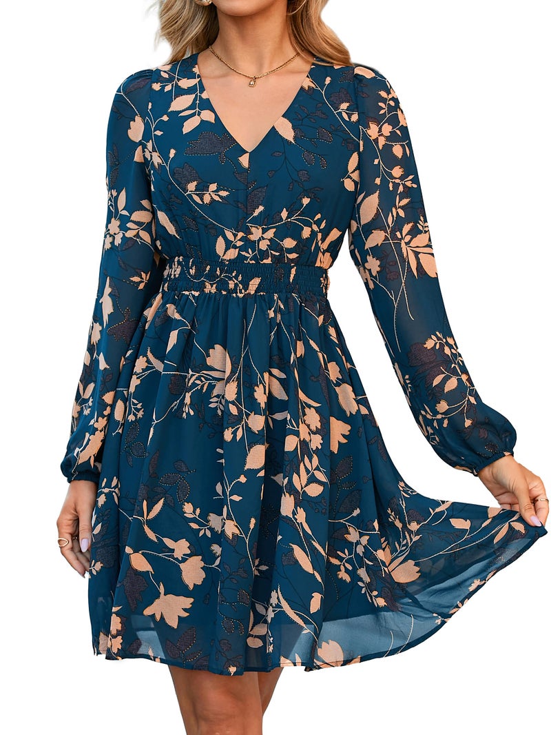 Simplee Womens Floral Mini Dress - Long Sleeve Casual V Neck Chiffon Modest Boho Flowy Fall Wedding Guest Dresses,Bue Green L - Image 1