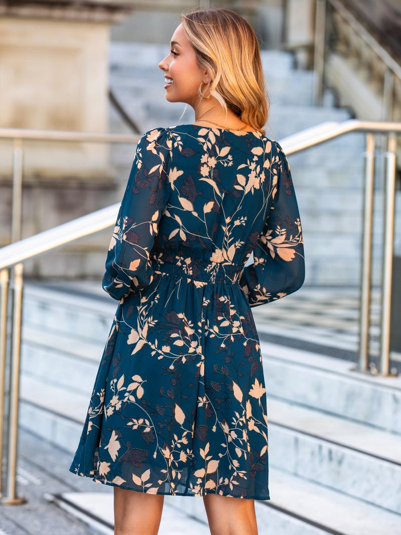 Simplee Womens Floral Mini Dress - Long Sleeve Casual V Neck Chiffon Modest Boho Flowy Fall Wedding Guest Dresses,Bue Green L - Image 4