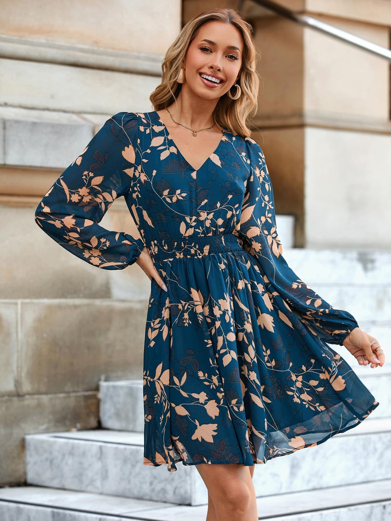 Simplee Womens Floral Mini Dress - Long Sleeve Casual V Neck Chiffon Modest Boho Flowy Fall Wedding Guest Dresses,Bue Green L - Image 3