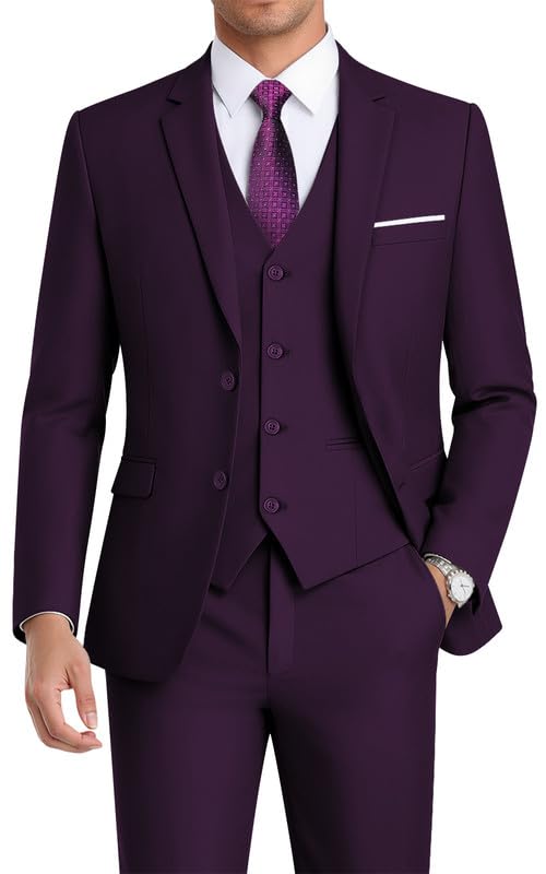 WEEN CHARM Suits for Men,3 Piece Slim Fit Suit Set with 2-Button Blazer,Vest,Pants,Tuxedo for Wedding,Prom,Party,Business Purple - Image 1
