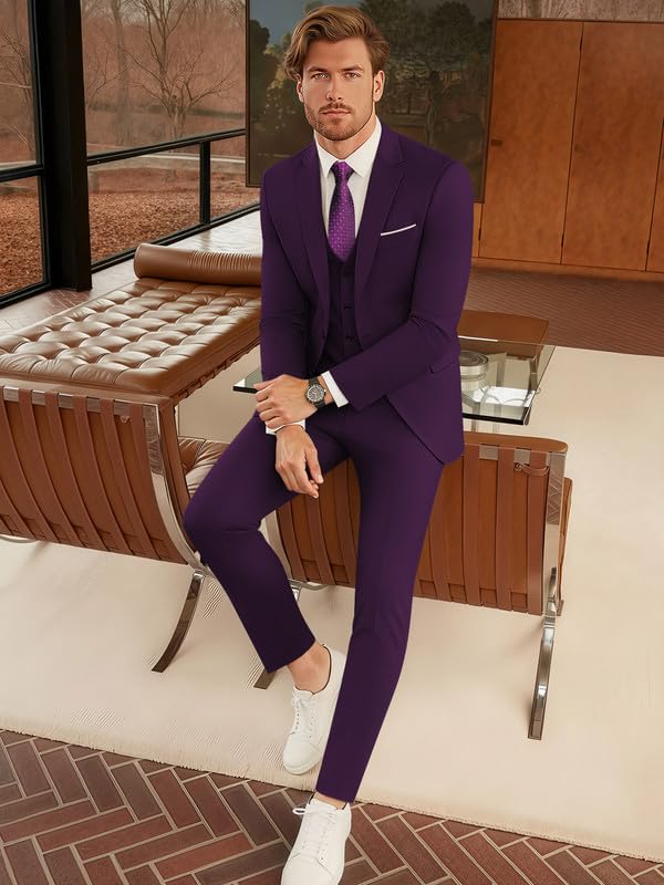 WEEN CHARM Suits for Men,3 Piece Slim Fit Suit Set with 2-Button Blazer,Vest,Pants,Tuxedo for Wedding,Prom,Party,Business Purple - Image 4