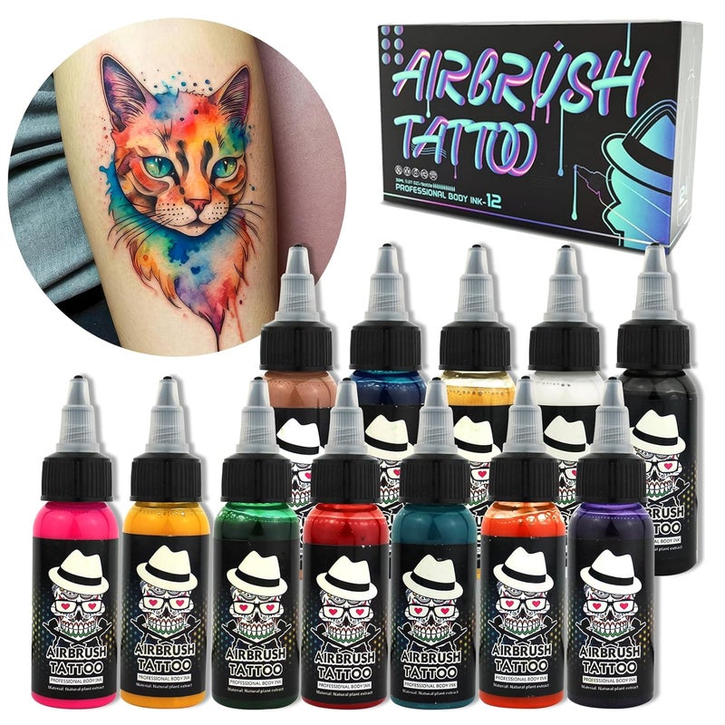 Airbrush Tattoo Ink Set, 12 Vibrant Colors for Temporary Body Art, 1.06oz Each Bottle