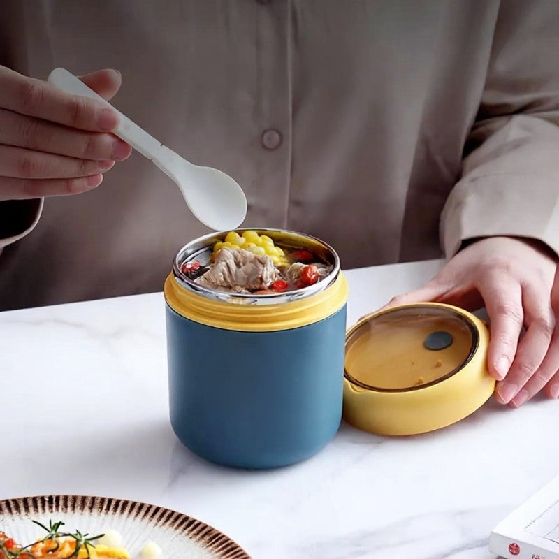 Leak-proof Stainless Steel Food Jar: 12*10.5 Cm Navy - 12-Hour Hot 24-Hour Cold Retention Wide Mouth Design for On-the-go Use, With Foldable Silicone-lined Spoon - Image 1