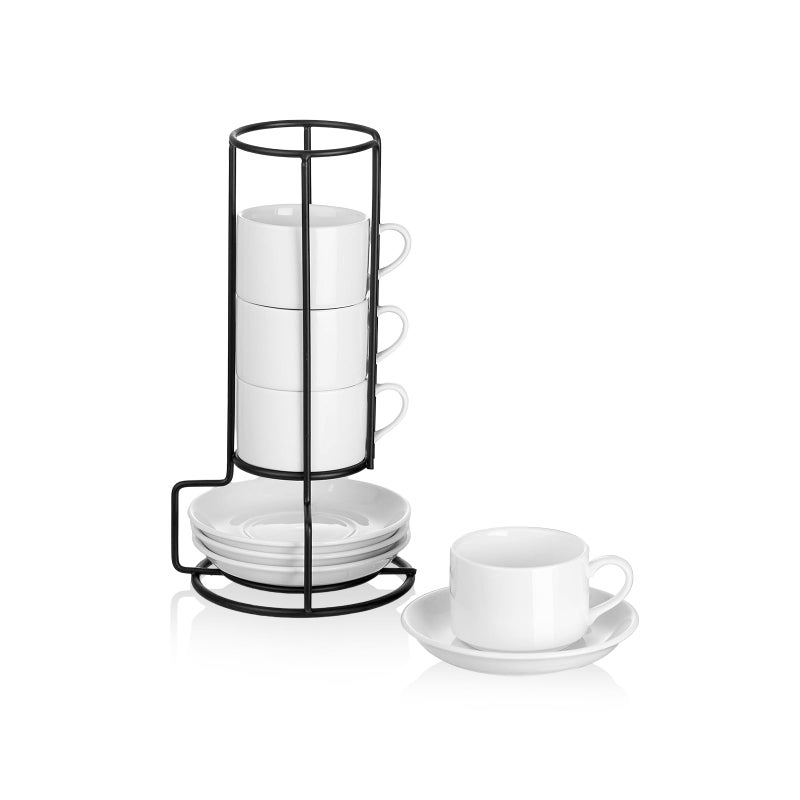 Meichu 25oz Porcelain Stackable Espresso Cups with Saucers and Metal Stand Set of 4 Stackable Cappuccino Cups White Expresso Shots Cup Set for Coffee Drinks Latte Tea