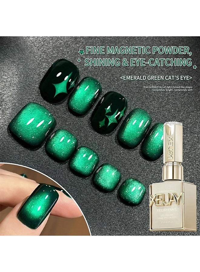 XEIJAYI Gel Polish, Soak Off UV/LED, Emerald Cat Eye Gel Nail Polish, Dark Green Shimmer Magnetic Nail Gel, Varnish for Salon & Home Use 15ml - Image 4