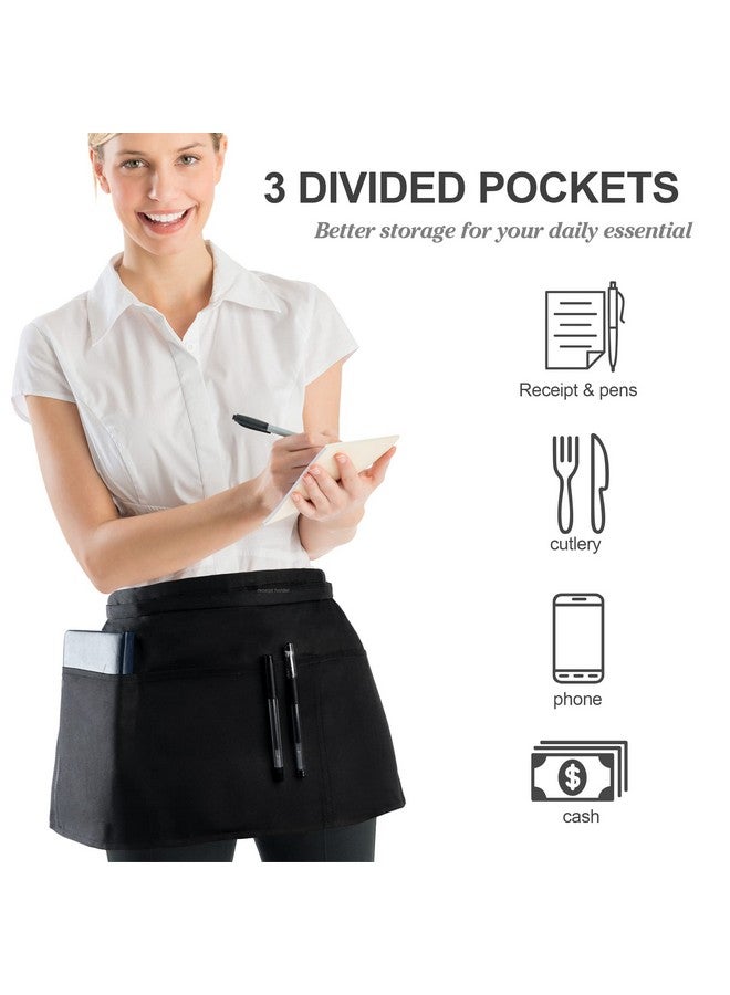 BOHARERS BOHARERS 2 Pack Waitress Apron With 3 Pockets - Black Server Aprons - Waiter Short Half Waist Servers Apron 12-inch… - Image 3