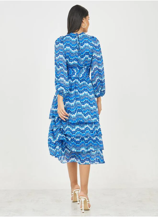 Styli Chevron AOP Tiered Midi Dress