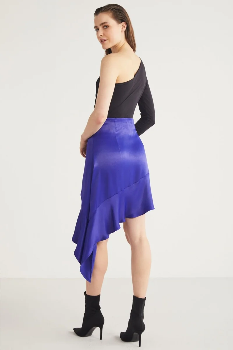 GRIMELANGE Nellie Women's Asymmetrical Cut Satin Fabric Zipper Detailed Stylish Purple Skirt
