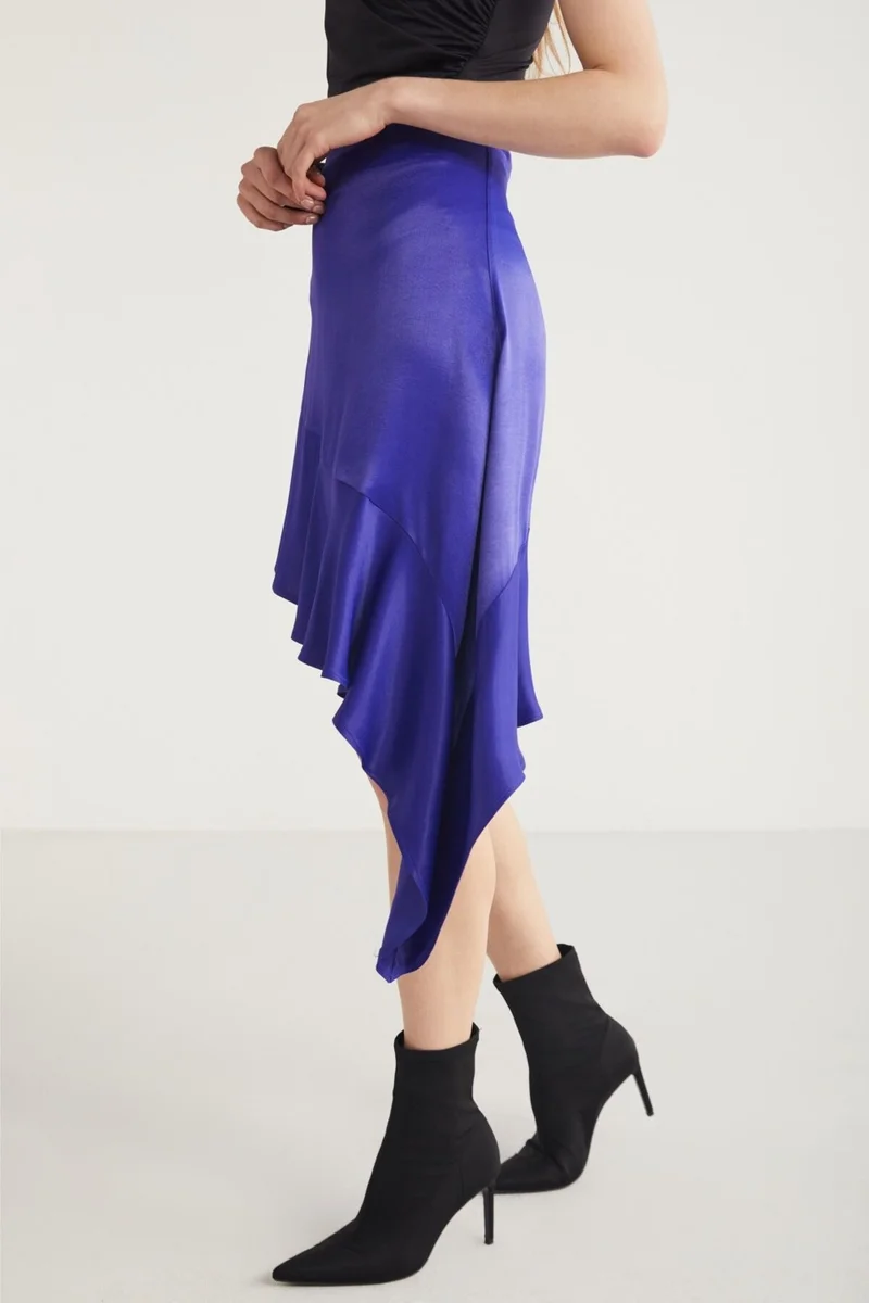 GRIMELANGE Nellie Women's Asymmetrical Cut Satin Fabric Zipper Detailed Stylish Purple Skirt