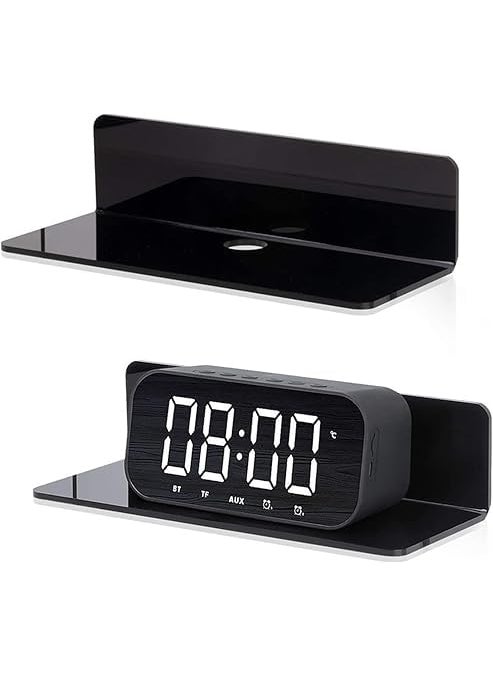 LEVGRY LEVGRY Wall Shelf 4 Pieces Adhesive Display Shelf Floating Shelf Wall Mounted Acrylic Wall Shelf with Cable Hook and Cable Hole for Alarm Clocks Plants Speakers Books 