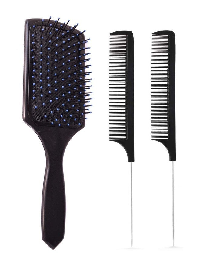 E-DUNIA Professional Smart Look Big Hair Paddle Rectangular Cushion Brush (1) & Black Carbon Rat tail, Sectioning comb with Steel Handle with Non-skid Paddle for hair styling (2) [ Pack Of 3 ] - Image 1
