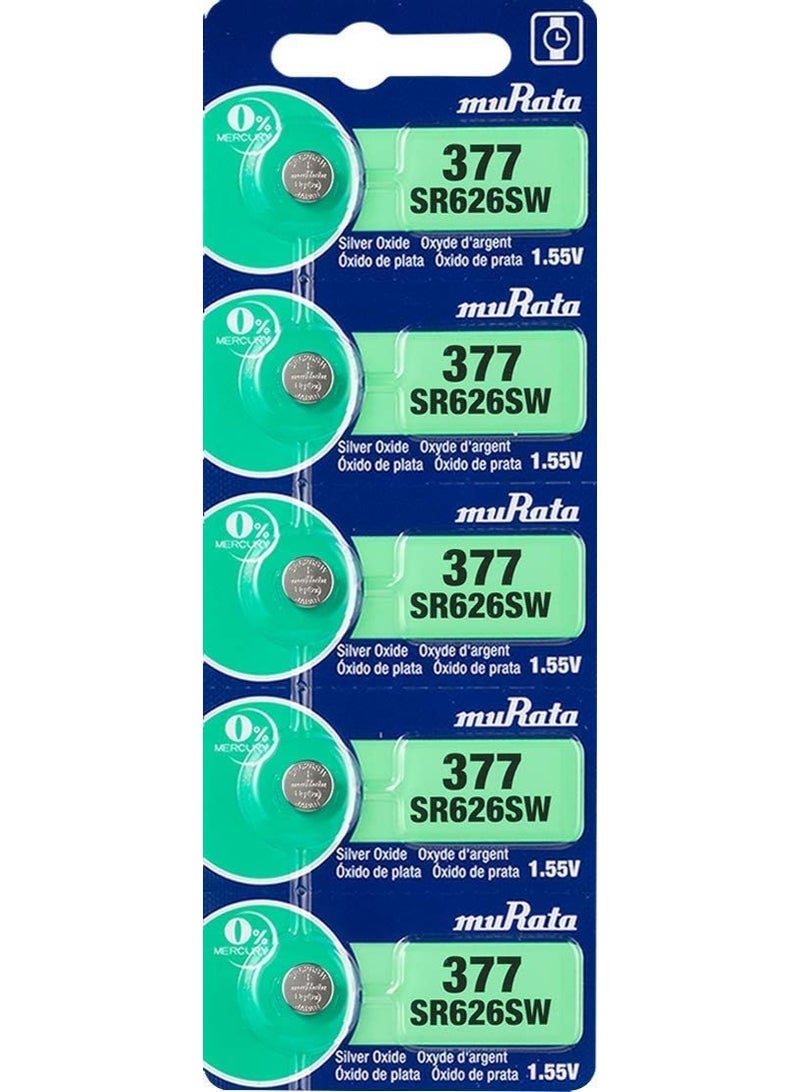 Murata SR626SW/377 Silver Oxide Batteries, 1.55V, 5 Pieces - Image 1