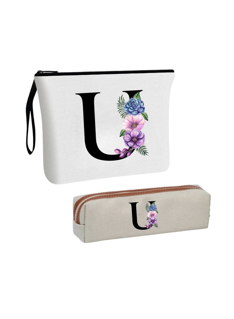 PRINTSHOP4ME Initial Monogram Cosmetic Bag And Floral Pencil Pouch-A-Z Letter Monogram Set For Girls&Women-Gift Set For Friends,Daughters Or Coworkers-Ideal For School,Work&Travel - Image 1