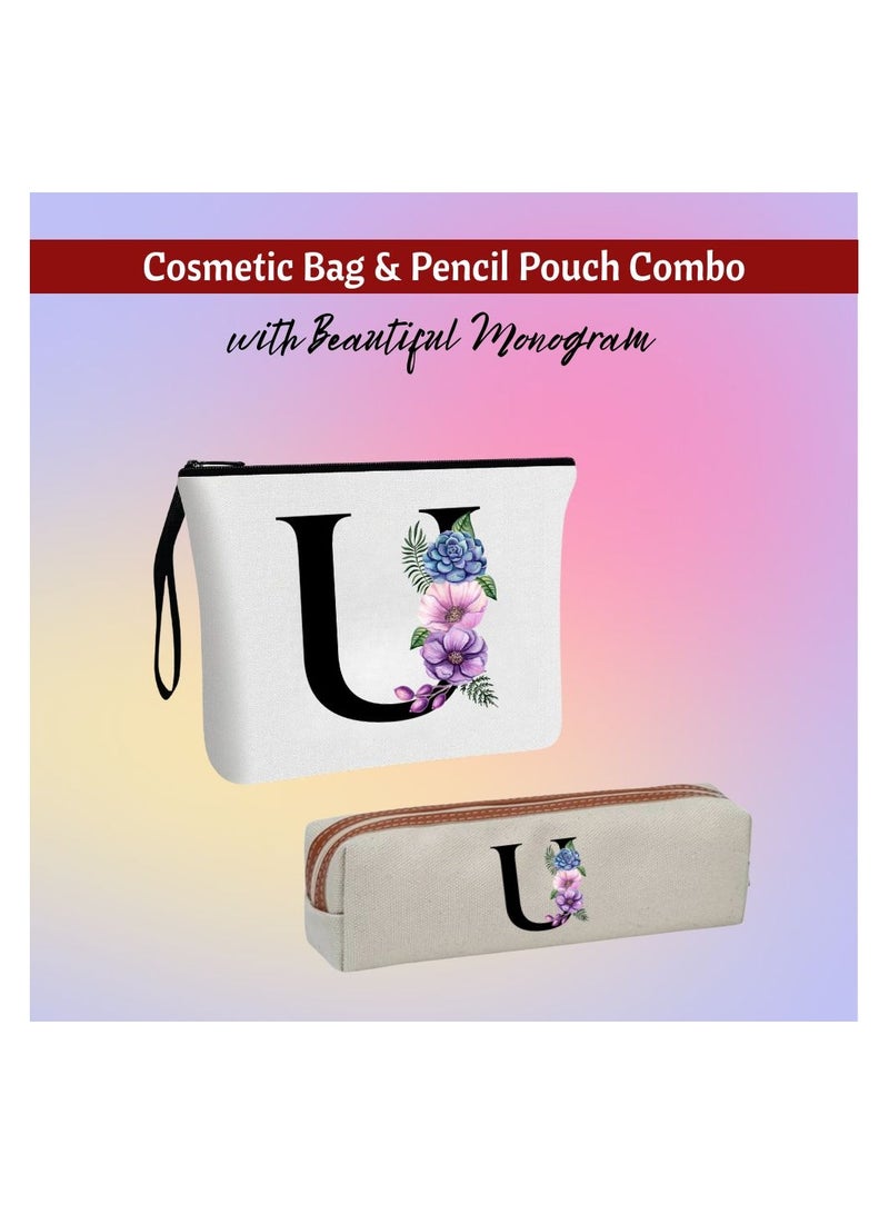PRINTSHOP4ME Initial Monogram Cosmetic Bag And Floral Pencil Pouch-A-Z Letter Monogram Set For Girls&Women-Gift Set For Friends,Daughters Or Coworkers-Ideal For School,Work&Travel - Image 2