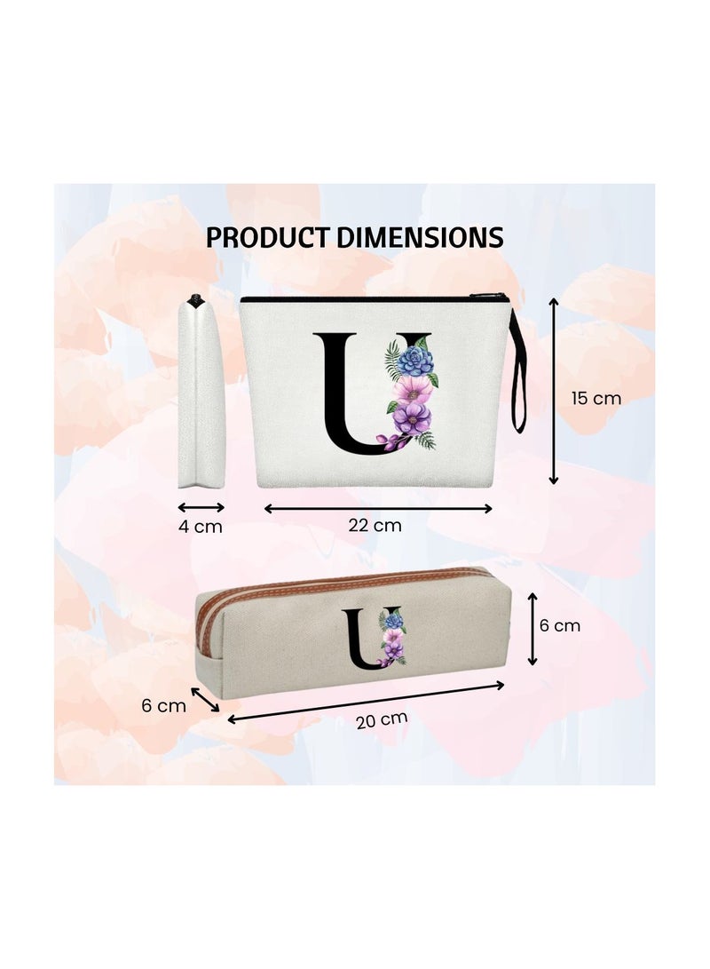 PRINTSHOP4ME Initial Monogram Cosmetic Bag And Floral Pencil Pouch-A-Z Letter Monogram Set For Girls&Women-Gift Set For Friends,Daughters Or Coworkers-Ideal For School,Work&Travel - Image 3