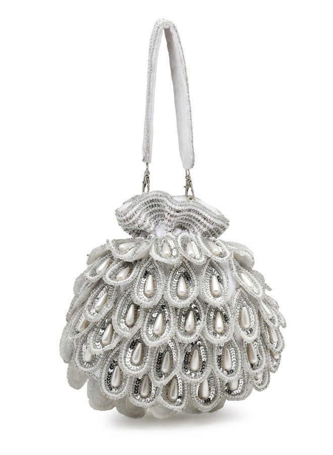 Anekaant Droop White & Silver Cut Work Embellished Velvet Potli - Image 5