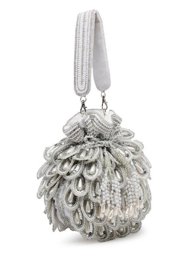 Anekaant Droop White & Silver Cut Work Embellished Velvet Potli - Image 4