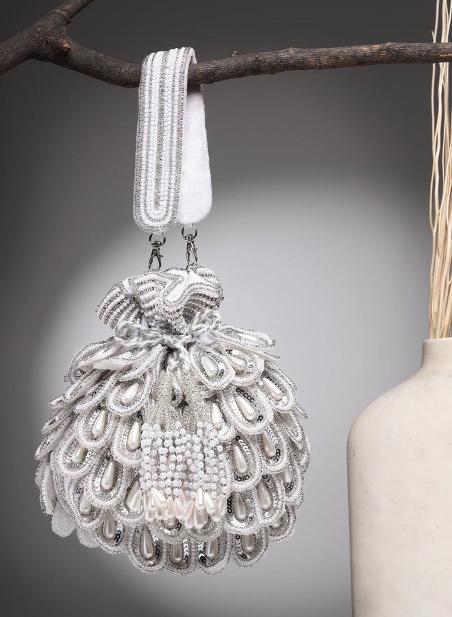 Anekaant Droop White & Silver Cut Work Embellished Velvet Potli - Image 3