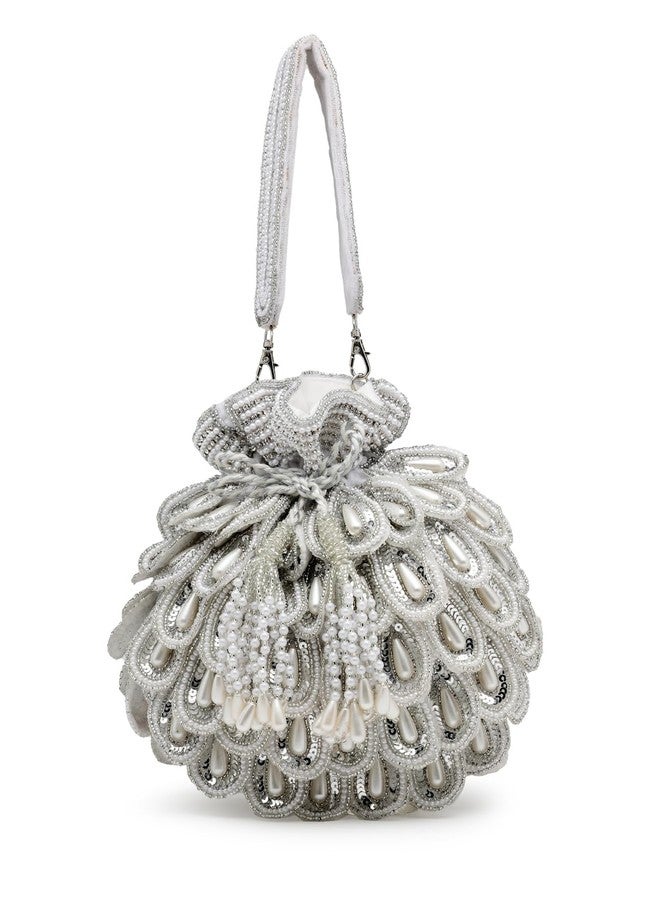 Anekaant Droop White & Silver Cut Work Embellished Velvet Potli - Image 1