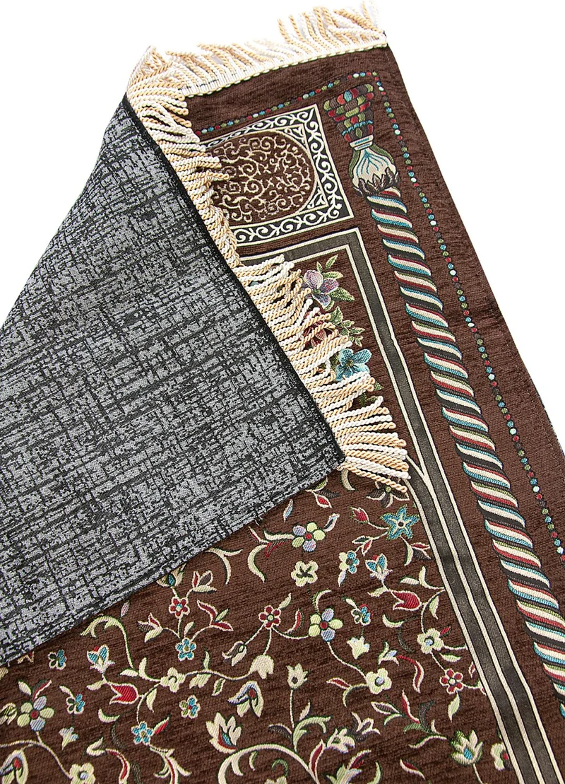 ايهفان اونلاين Ihvan Online Brown Floral Ravza Patterned Lined Chenille Prayer Rug