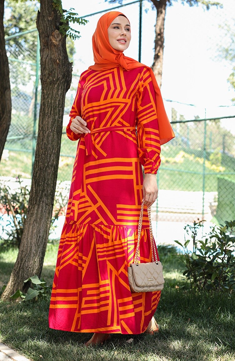 Sefa Merve Patterned Belted Dress 0459-04 Fuchsia Orange - Image 1