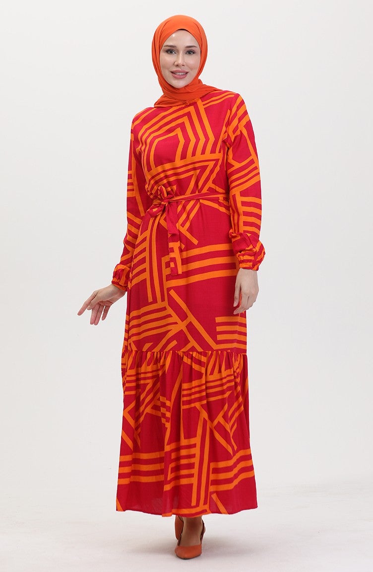 Sefa Merve Patterned Belted Dress 0459-04 Fuchsia Orange - Image 4