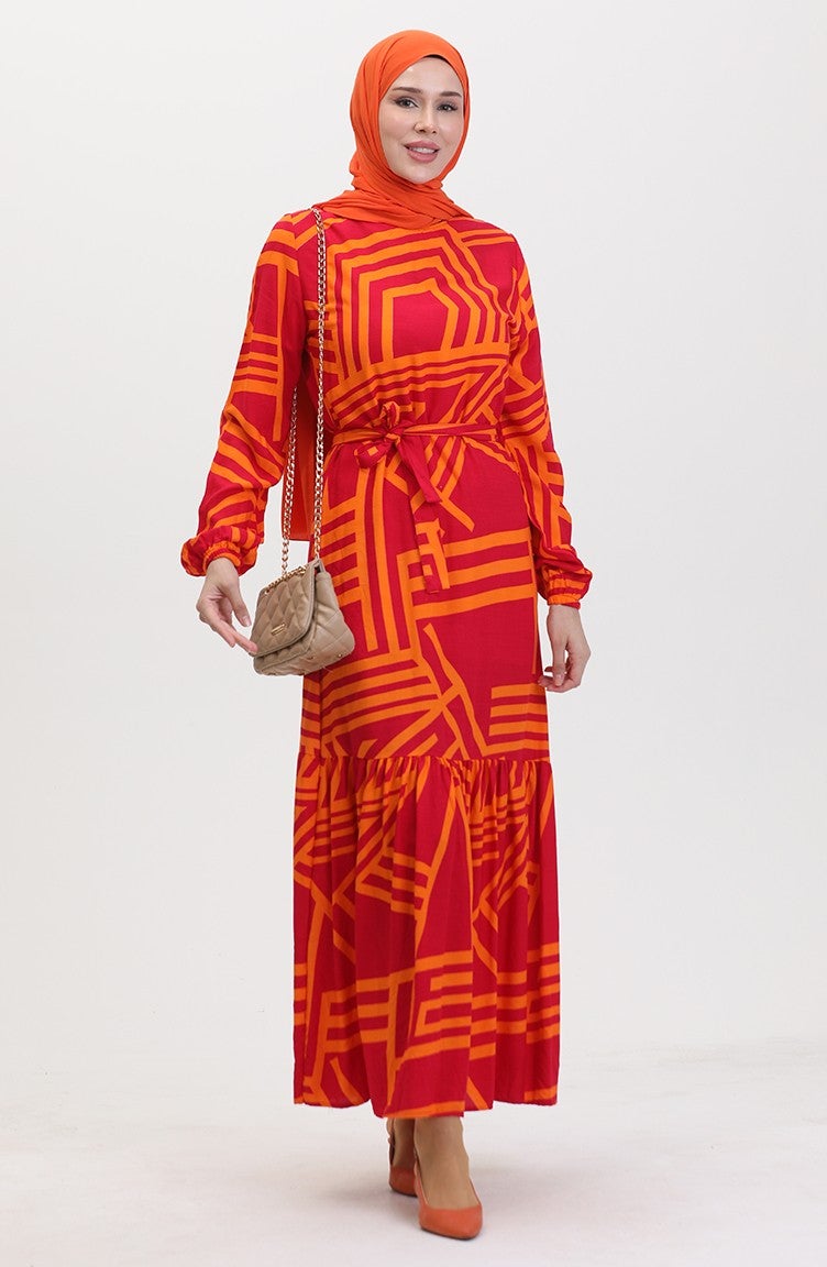 Sefa Merve Patterned Belted Dress 0459-04 Fuchsia Orange - Image 2