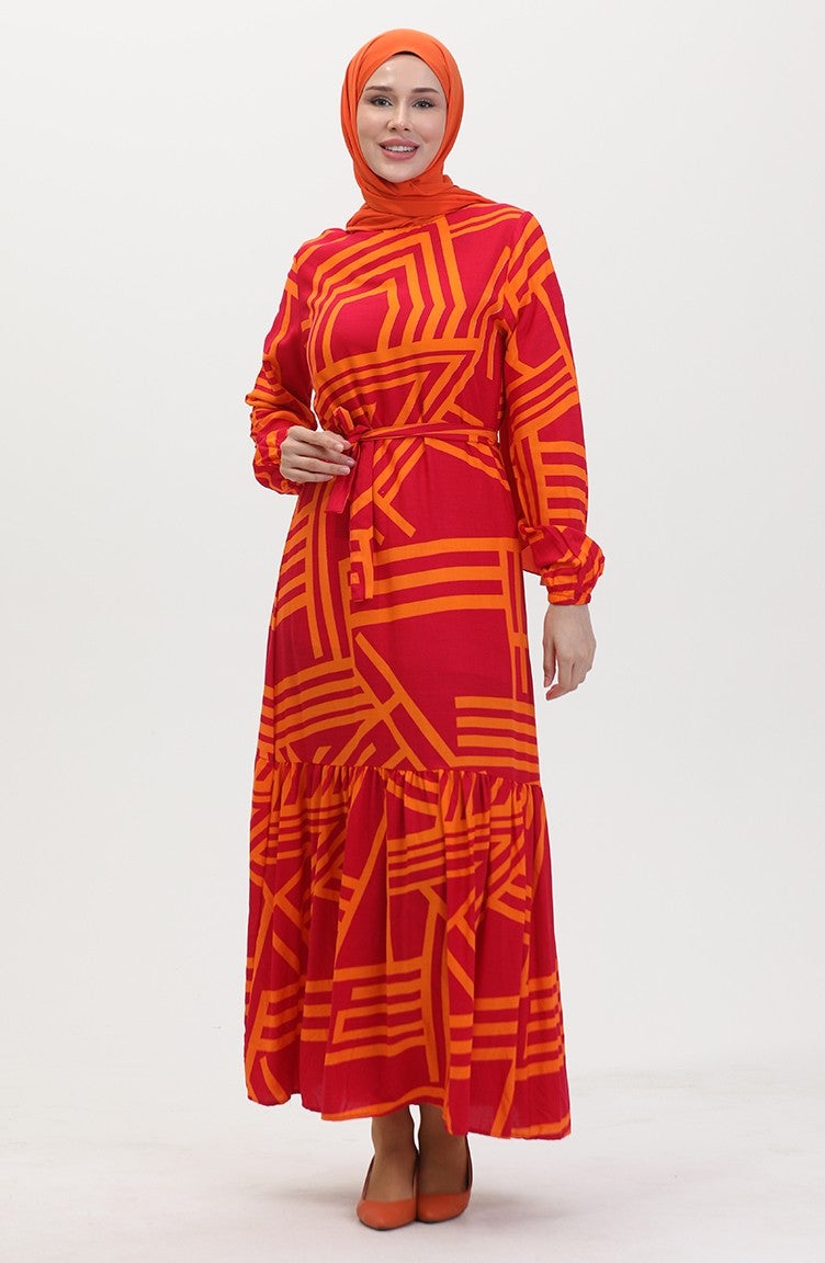 Sefa Merve Patterned Belted Dress 0459-04 Fuchsia Orange - Image 3