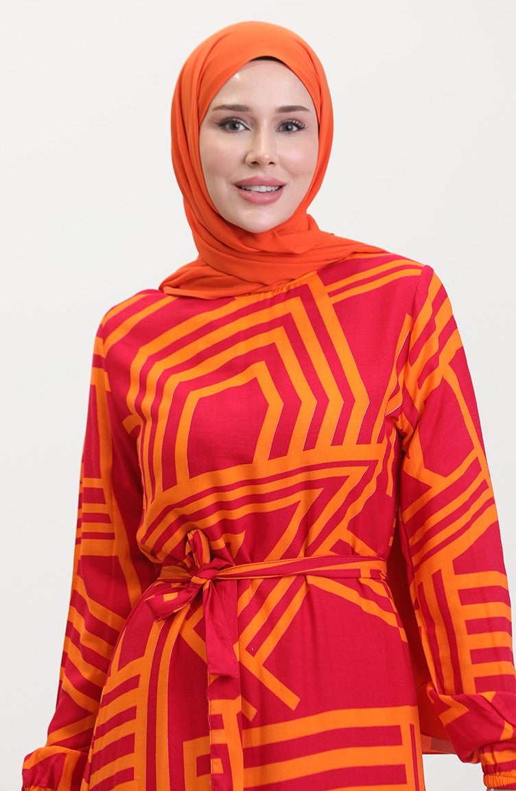 Sefa Merve Patterned Belted Dress 0459-04 Fuchsia Orange - Image 5
