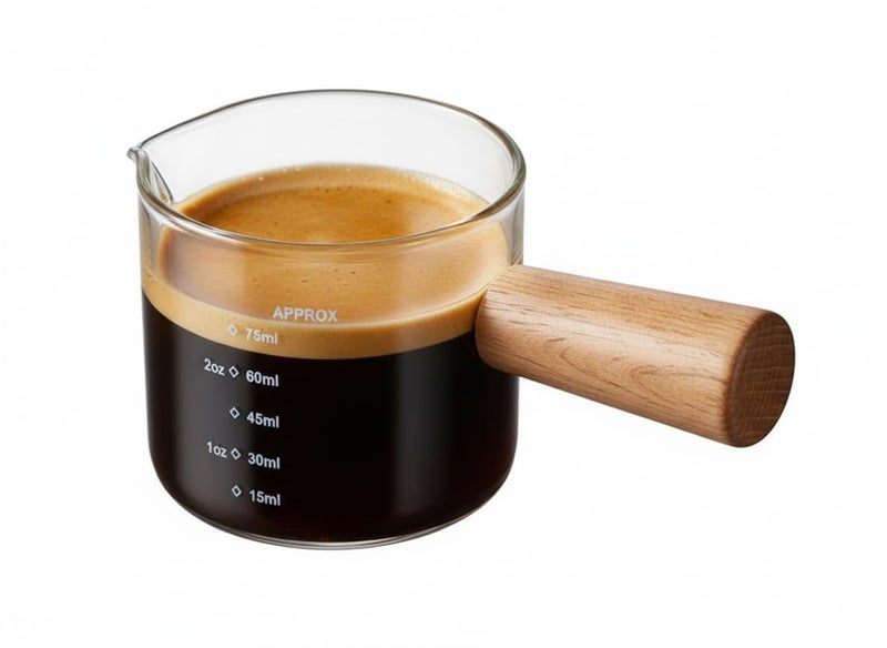 DAONPHARI Wooden Handle Espresso Glass Measuring Cup Measure Mugs | Precise Measurement | Elegant Wooden Handle | Multi-Purpose Use - Image 1