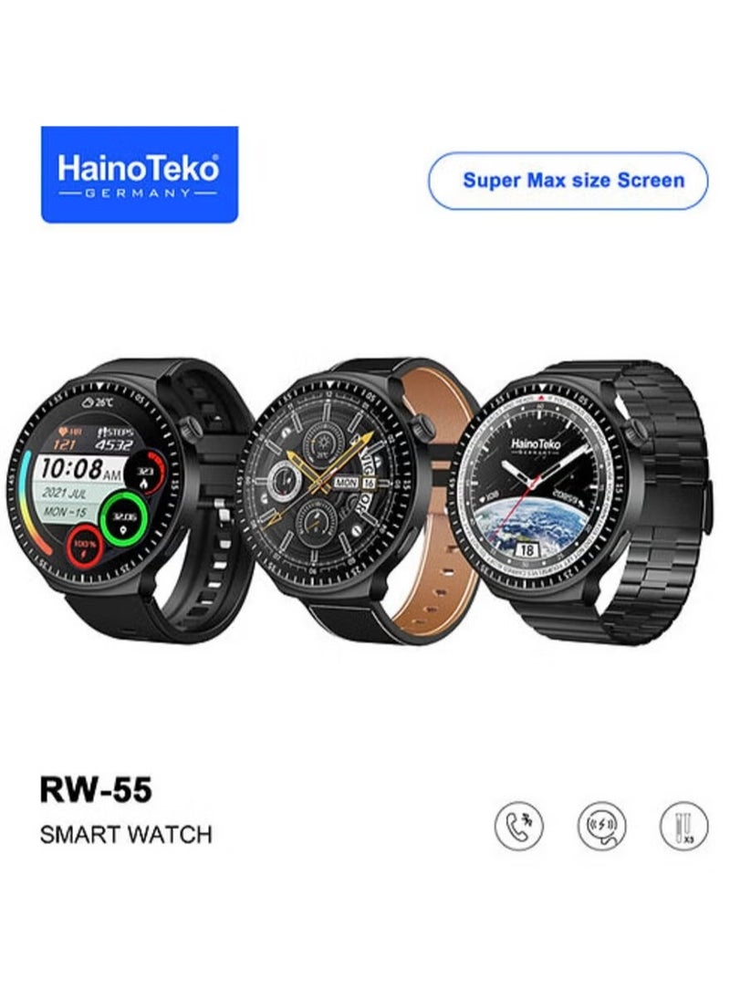 RW 55 Smart Watch with Super Max Curved AMOLED Display, 3 Pairs of Straps, and Charging Cable for Men - Stylish Silver Design, Fitness Tracker, Heart Rate Monitor, Waterproof, Long Battery Life, Customizable Features for Everyday Wear