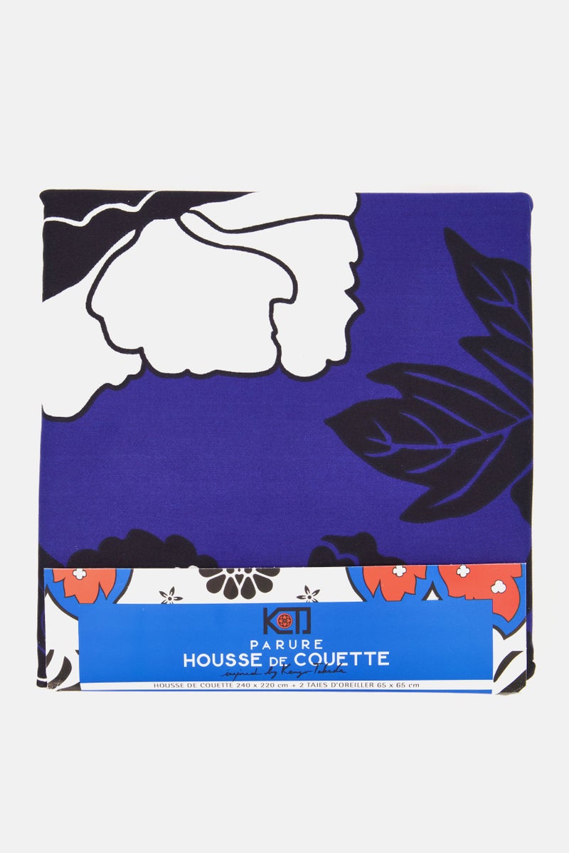 Kenzo Queen Size 2 Pieces Floral Printed Duvet Set 240 L x 220 H cm, Navy Combo - Image 1