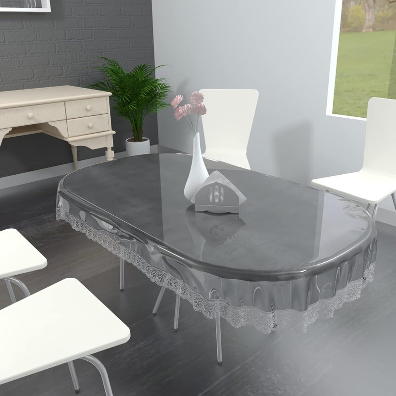 MONKDECOR Classic PVC Transparent 8 Seater Oval Dining Table Cover with Silver LACE SIZE60X90 INCHES Oval - Image 1