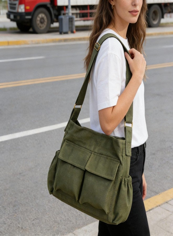 VODIU Canvas Messenger Bag Large Hobo Crossbody bags for Women,Men, Shoulder Tote Handbags with Laptop pocket Green - Image 2