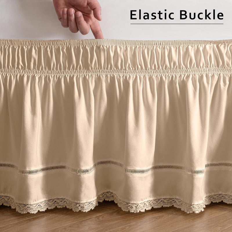 Wrap Around Ruffled Lace Bed Skirt, Elastic Dust Ruffle with Adjustable Belts, Easy to Put On, Bed Frame Cover, Machine Washable (Floral Lace/Beige, King/Queen-15 Drop) - Image 5