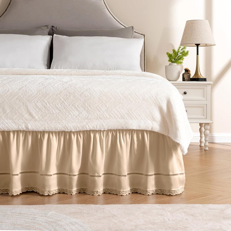 Wrap Around Ruffled Lace Bed Skirt, Elastic Dust Ruffle with Adjustable Belts, Easy to Put On, Bed Frame Cover, Machine Washable (Floral Lace/Beige, King/Queen-15 Drop) - Image 1