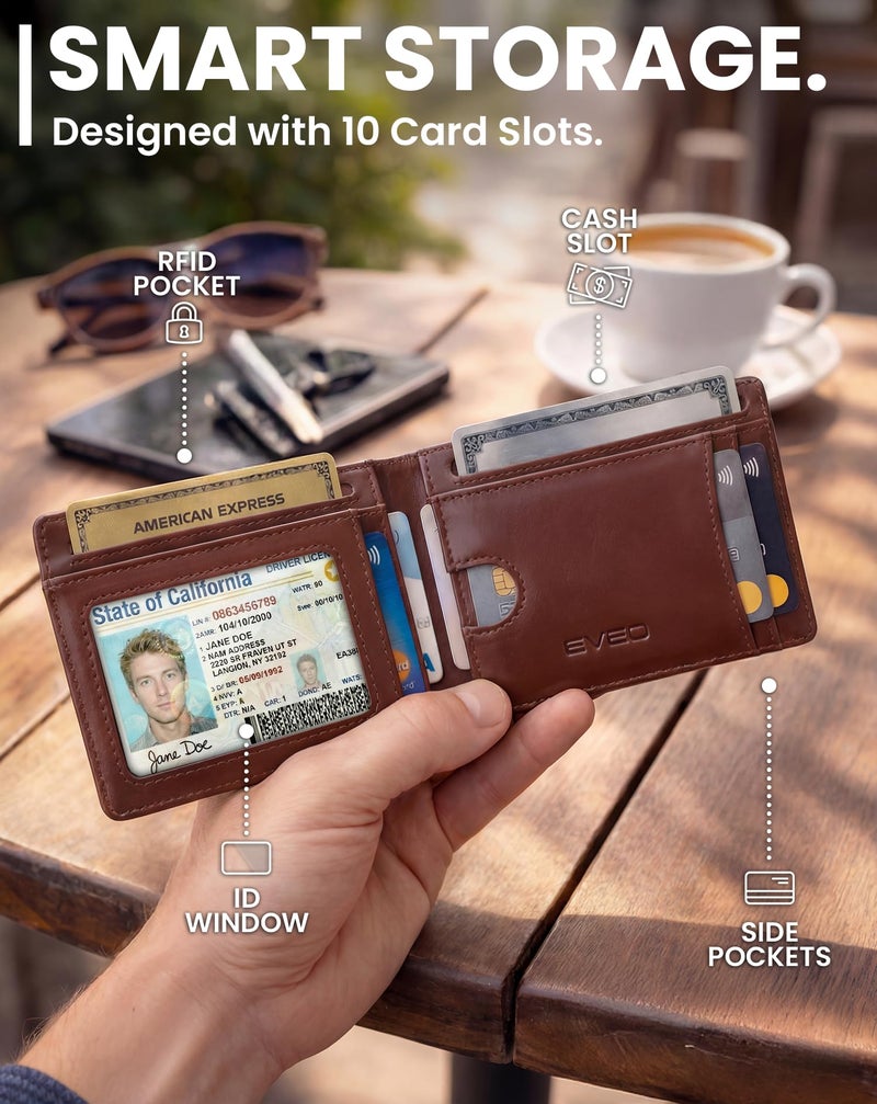 EVEO AirTag Wallet Men - Bifold Genuine Leather Wallets for Men, Air Tag Wallet With AirTag Holder, Smart Wallet for Mens Minimalist Wallet | Money Slot,10 Cards, AirTag Not Included* (Coffee Brown) - Image 4