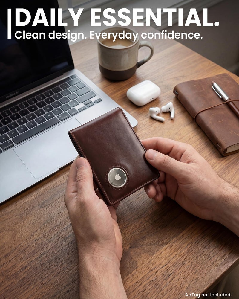 EVEO AirTag Wallet Men - Bifold Genuine Leather Wallets for Men, Air Tag Wallet With AirTag Holder, Smart Wallet for Mens Minimalist Wallet | Money Slot,10 Cards, AirTag Not Included* (Coffee Brown) - Image 3
