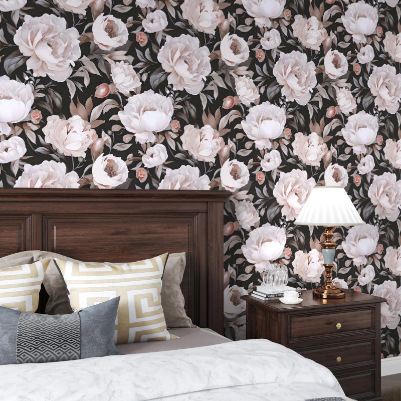 Laatse Black Pink Floral Wallpaper Peel and Stick Boho Wallpaper 17.5" x 118" Dark Flowers Contact Paper Vinyl Self Adhesive Waterproof Large Dark Floral Wall Paper for Bedroom Walls Countertop - Image 4