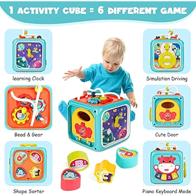 مكعب نشاط الأطفال 6 في 1، لعبة مكعب النشاط التعليمي المزدحم مع متاهة الخرز، مصنف الأشكال مع الموسيقى والأضواء، ألعاب مونتيسوري للتعلم المبكر للأطفال بعمر سنة واحدة، هدية للأولاد والبنات - Image 3