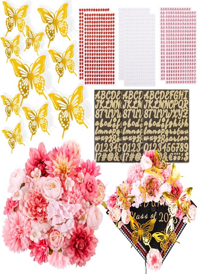 FOIMAS Graduation Cap Decoration Accessories,Pink Grad Cap Decor Faux Flower 3D Butterfly Rhinestone Pearls Stickers Alphabet Letter Stickers for 2026 Graduation Cap Topper Decoration Craft Supply - Image 1