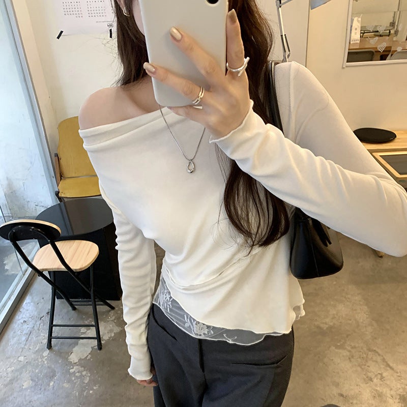 Cheap Swing Collar Irregular Lace Stitching Spice Girl Bottoming Shirt Women'S Age-Reducing Slim-Fit Long-Sleeved T-Shirt - Image 4