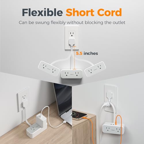 TESSAN Short Extension Cord 0.5Ft, Flat Plug Outlet Extender Surge Protector with 4 Widely AC with 3 USB Ports (1 USB C), Multi Plug Small Power Strip for Travel, Home Office College Dorm Essentials - Image 2