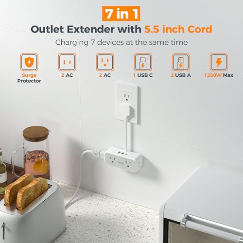 TESSAN Short Extension Cord 0.5Ft, Flat Plug Outlet Extender Surge Protector with 4 Widely AC with 3 USB Ports (1 USB C), Multi Plug Small Power Strip for Travel, Home Office College Dorm Essentials - Image 3
